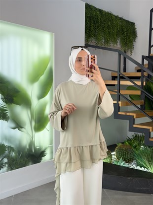 Çağla Renk Şifon Kumaş Garnili Tunik
