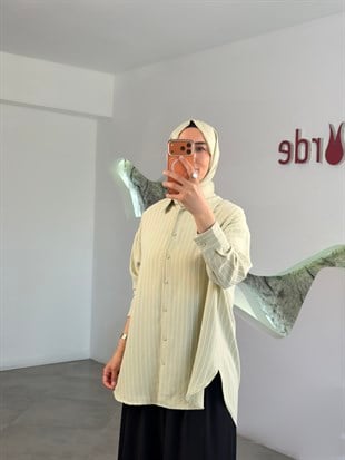 Çağla Yeşili Renk Çizgili Basıc Gömlek