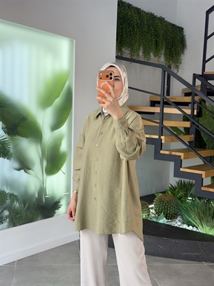 Çağla Yeşili Renk Gofre Kumaş Gömlek