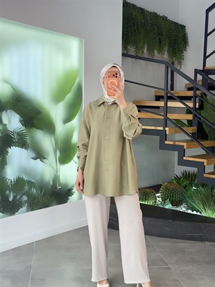 Çağla Yeşili Renk Gofre Kumaş Gömlek