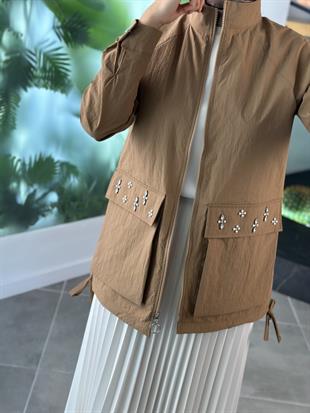 Cebi Taş Detaylı Camel Renk Kadın Ceket