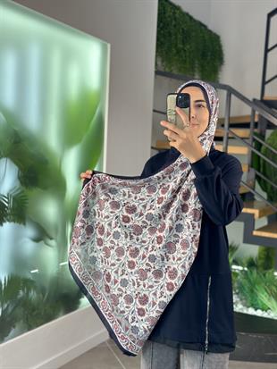 Çini Desenli Soft  Şal Lacivert-Kırmızı