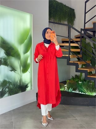 Coral Renk Asimetrik Kesimli Basic Uzun Gömlek