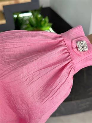 Devirme Yakalı Yapıştırma Taşlı Pembe Renk Kadın Tunik