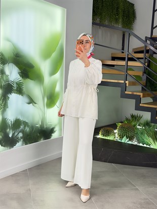 Ekru Renk Belden Bağcıklı Gömlek