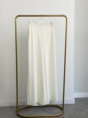 Ekru Renk Beli Lastikli Bol Paça Krep Pantolon