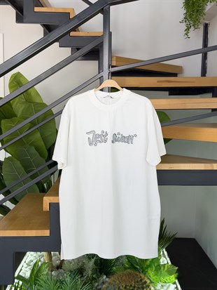 Ekru Renk Boncuk Nakışlı T-Shirt