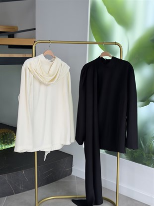 Ekru Renk Fular Detaylı Bluz