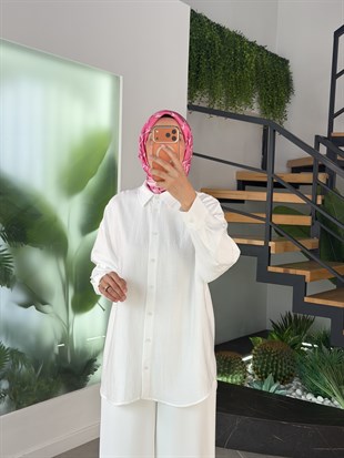Ekru Renk Keten Görünümlü Oversize Gömlek