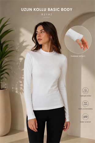Ekru Renk  Parmak Geçirme Detaylı Basıc Body