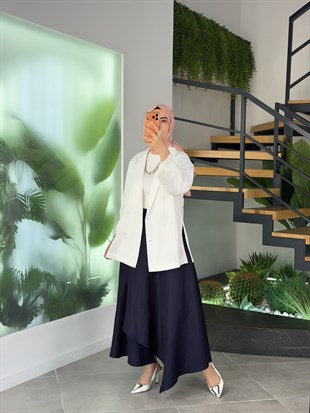 Ekru Renk Rayon Kumaşlı Denim Görünümlü  Blazer Ceket