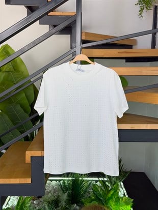 Ekru Renk Serpme Taşlı T-Shirt