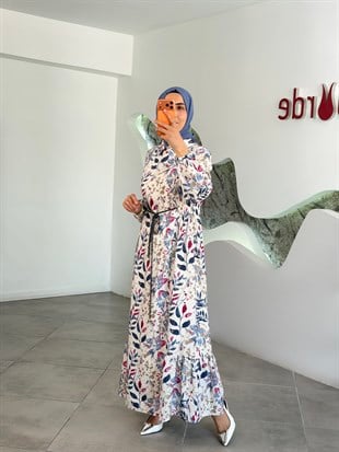 Ekru Renk Viskon  Desenli Yaz Elbisesi