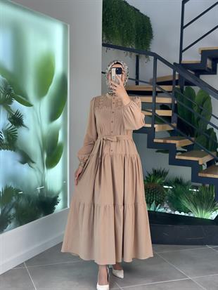 Fisto Ve Dantel Detaylı Camel Renk Kadın Elbise