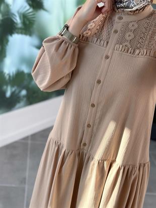 Fisto Ve Dantel Detaylı Camel Renk Kadın Elbise