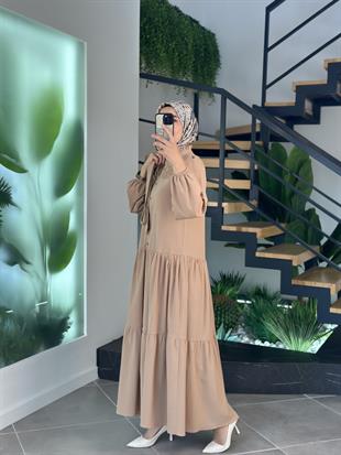 Fisto Ve Dantel Detaylı Camel Renk Kadın Elbise