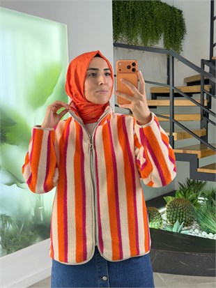 Fuşya-Orange Renk Fermuarlı Polar Basic Ceket