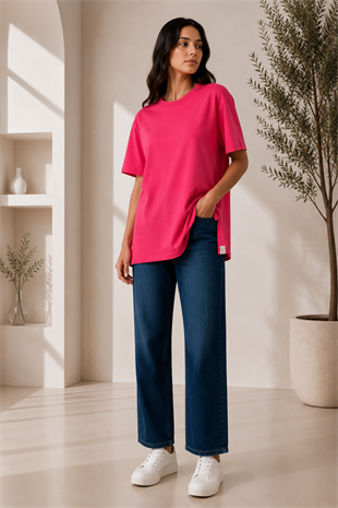 Fuşya Renk Kısa Kollu Basic Tshirt