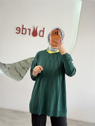 Zümrüt Renk Geometrik Desenli Merserize Tunik