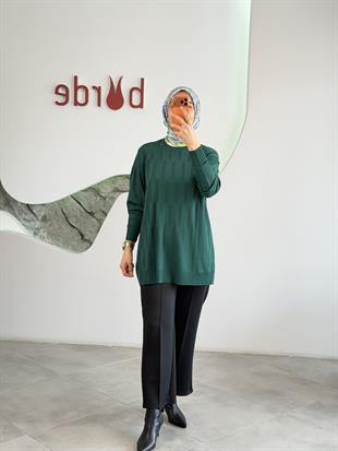 Zümrüt Renk Geometrik Desenli Merserize Tunik