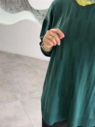 Zümrüt Renk Geometrik Desenli Merserize Tunik