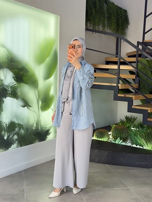 Gri Renk Beli Lastikli  Bol Paça Krep Pantolon