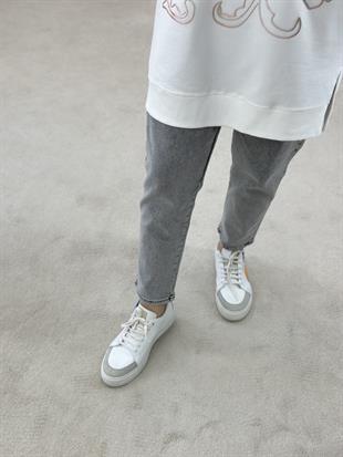Gri Renk Beli Lastikli Ve Likralı Kadın Denim Pantolon