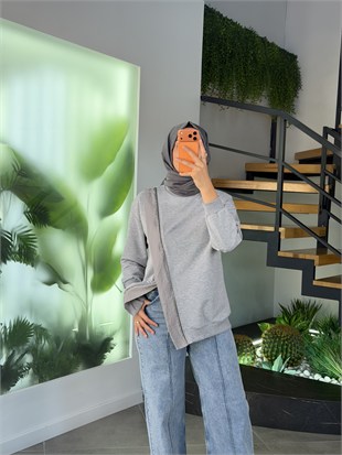 Gri Renk Fermuar Detaylı Sweatshırt
