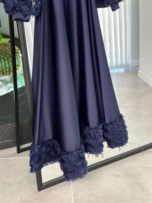 Gül İşlemeli Lacivert Renk Kadın Saten Abiye