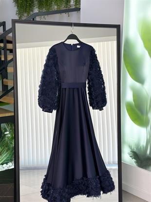 Gül İşlemeli Lacivert Renk Kadın Saten Abiye