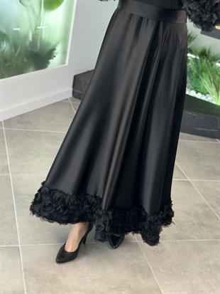 Gül İşlemeli Siyah Renk Kadın Saten Abiye