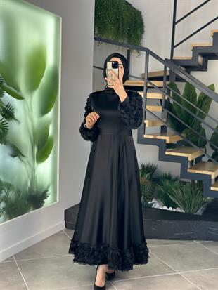 Gül İşlemeli Siyah Renk Kadın Saten Abiye
