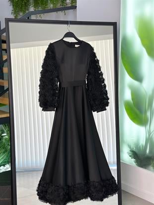 Gül İşlemeli Siyah Renk Kadın Saten Abiye