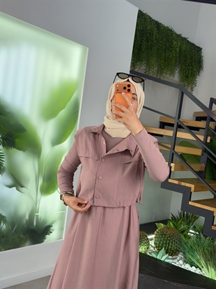 Gül Kurusu Renk Yelekli Elbiseli Takım