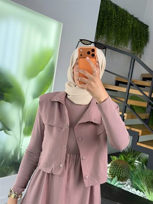 Gül Kurusu Renk Yelekli Elbiseli Takım