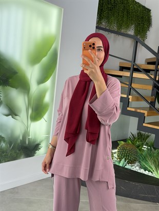 Gül Renk Çıtçıt Detaylı Pantolonlu Takım