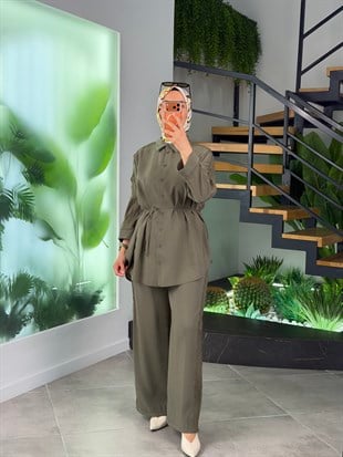 Haki Renk Dantel Detaylı Pantolonlu Takım