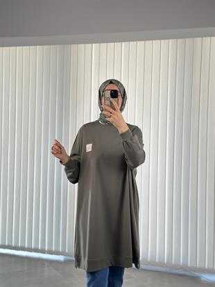 Haki Renk Etiket Ve Nakış Detaylı Oversize Kadın Sweatshırt