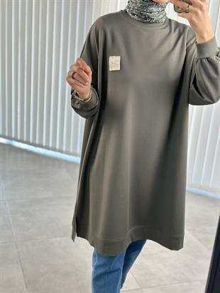 Haki Renk Etiket Ve Nakış Detaylı Oversize Kadın Sweatshırt