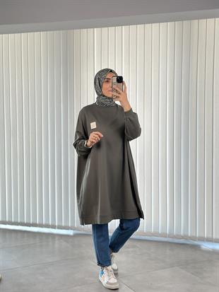 Haki Renk Etiket Ve Nakış Detaylı Oversize Kadın Sweatshırt