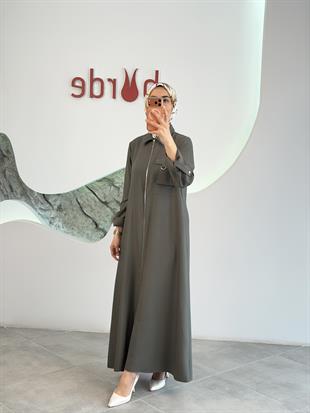 Haki Renk Fermuarlı Kolları Apoletli Elbise