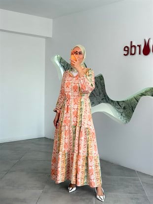 Haki Renk Hakim Yaka Desenli Katlı Yaz Elbisesi