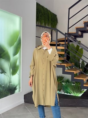 Haki Renk Kol Manşet Detaylı Gömlek Tunik
