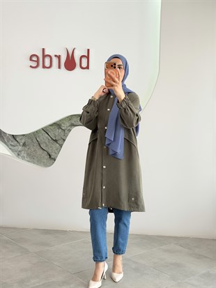 Haki Renk Tensel Kumaş Çıtçıtlı Giy-Çık | Rahat Kadın Kap & Günlük Kombin