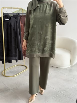 Haki Renk Yanları Fermuar Detaylı Takım