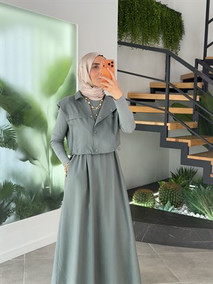 Haki Renk Yelekli Elbiseli Takım