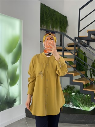 Hardal Renk Cebi Broş Detaylı Gömlek