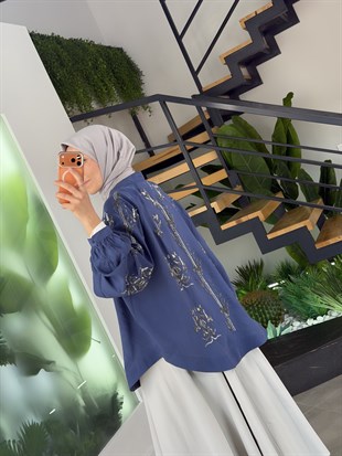 İndigo Renk Boncuk İşlemeli Kimono