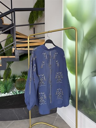 İndigo Renk Boncuk İşlemeli Kimono