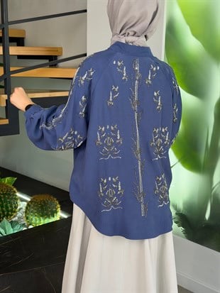 İndigo Renk Boncuk İşlemeli Kimono